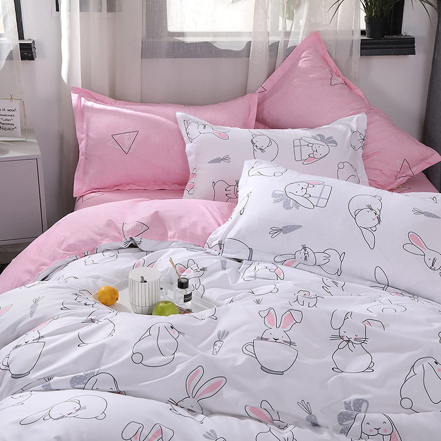 Kawaii Bedding Set for Kids Girls Cute Cartoon Rabbit Bedding Set Sketch Carrot Duvet Cover Kawaii Room Decor Pink Soft Reversible Comforter Cover Set Lovely Animal Bedding Comforter Full Size Walmart...