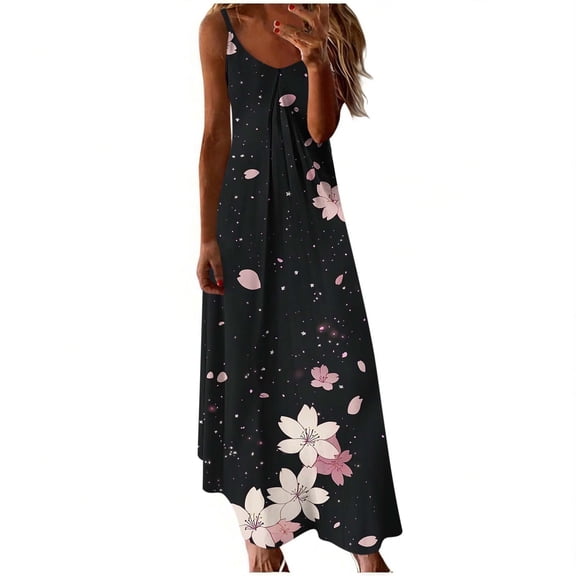 successthop Summer Dresses for Women Plus Size Casual Crewneck Sleeveless Dress Vacation Outfits Floral Boho Clothes S