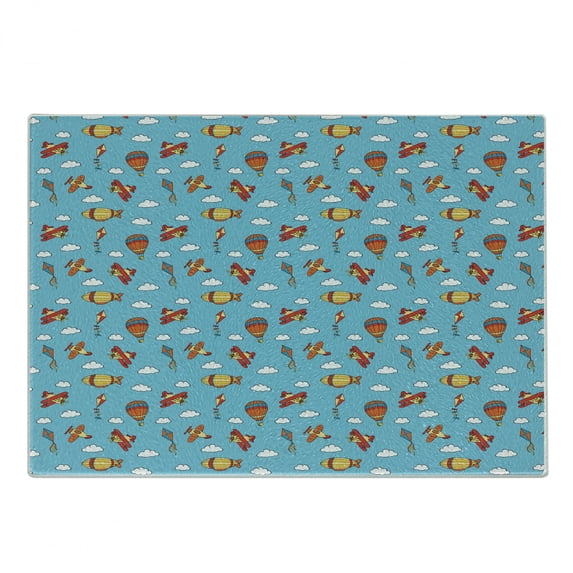 Airplane Cutting Board, Colorful Air Transportation Pattern with Balloons Biplanes Zeppelins and Kites, Decorative Tempered Glass Cutting and Serving Board, Small Size, Multicolor, by Ambesonne