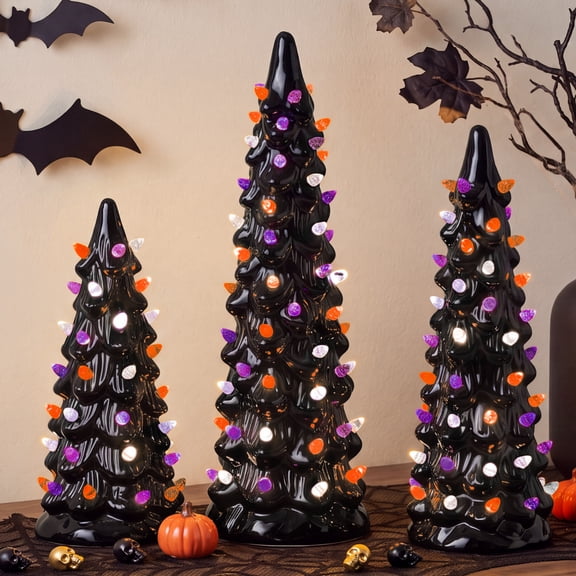 Best Choice Products 3Pc Ceramic Halloween Trees, Pre-Lit Hand Painted Pencil Tabletop Holiday Decoration LEDs