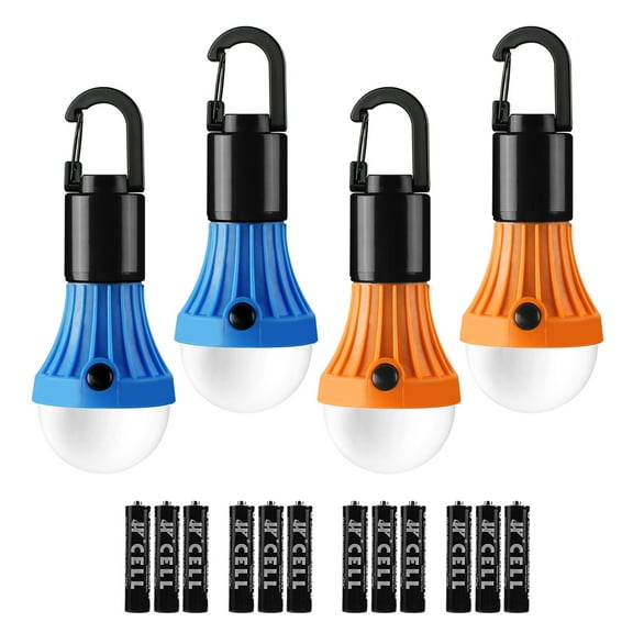 Lepro 4-Pack LED Camping Lanterns, Camping Accessories, 3 Lighting Modes, Batteries Included Hanging Tent Light Bulbs with Clip Hook for Camping, Hiking, Hurricane, Outages, Collapsible
