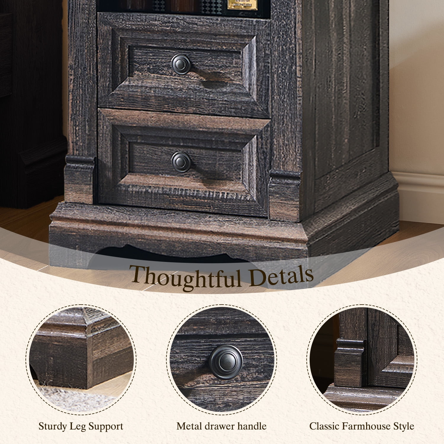 KeyWhat Farmhouse 2-Drawer Nightstand with Charging Station, 18" Wooden End Table for Bedroom, Living Room, Dark Rustic Oak