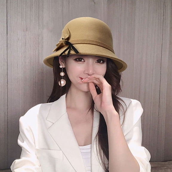 Women's Vintage Felt Bucket Hat Adjustable Bowler Suede Wool Hat with Bowknot Autumn Winter Dome Fedoras Cap Casual Basin Hat Ladies Round Hat