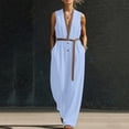 thumbnail image 5 of Guluxicc Women's Contrast Trim Elastic Waist Pleated Wide Leg Jumpsuit Casual Belted Stand Collar Sleeveless Loose Fit Rompers, 5 of 6