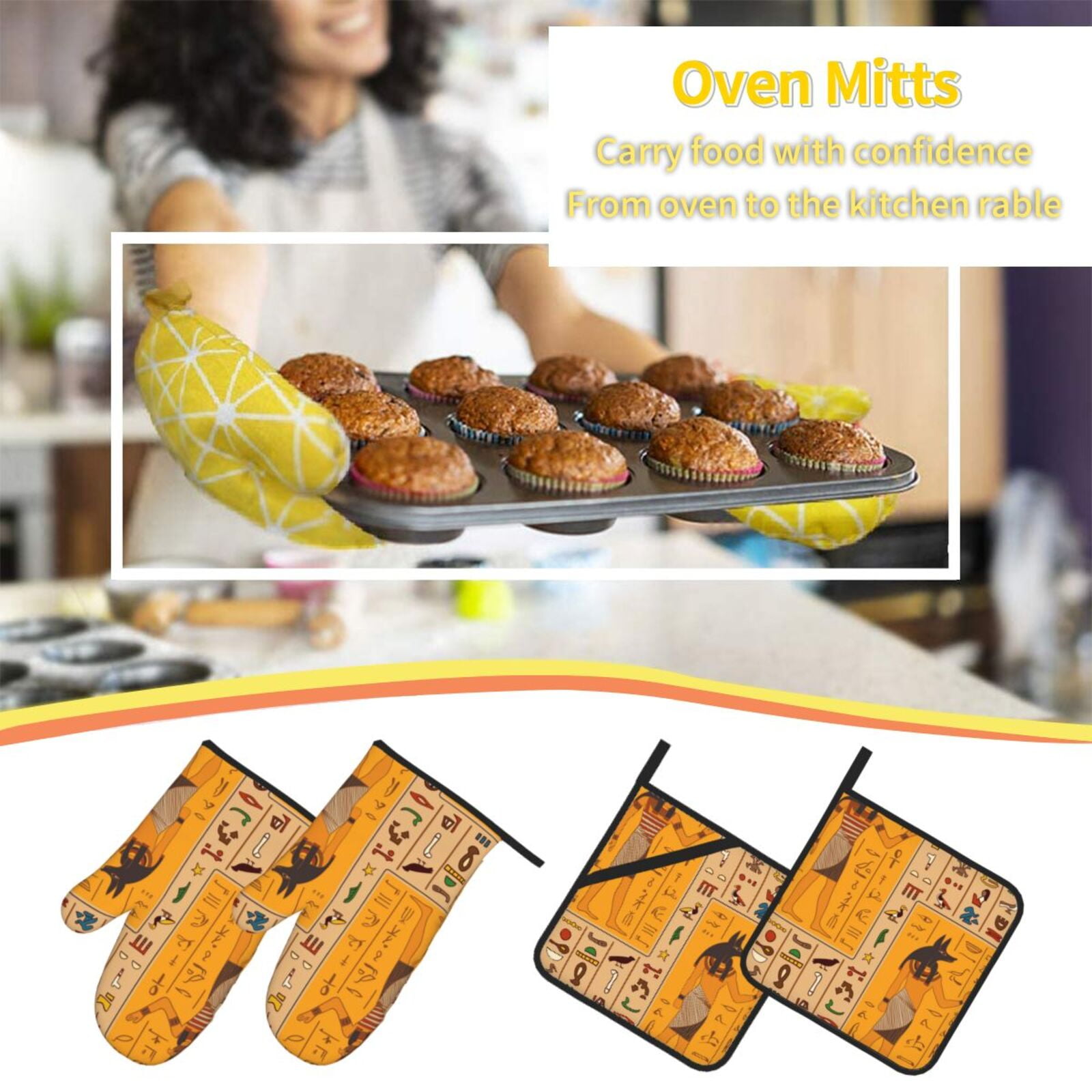 Egyptian Ancient Hieroglyphs 4Pcs Oven Mitts and Pot Holders Sets Oven Kitchen Gloves Hot Pads for Cooking BBQ Baking Grilling