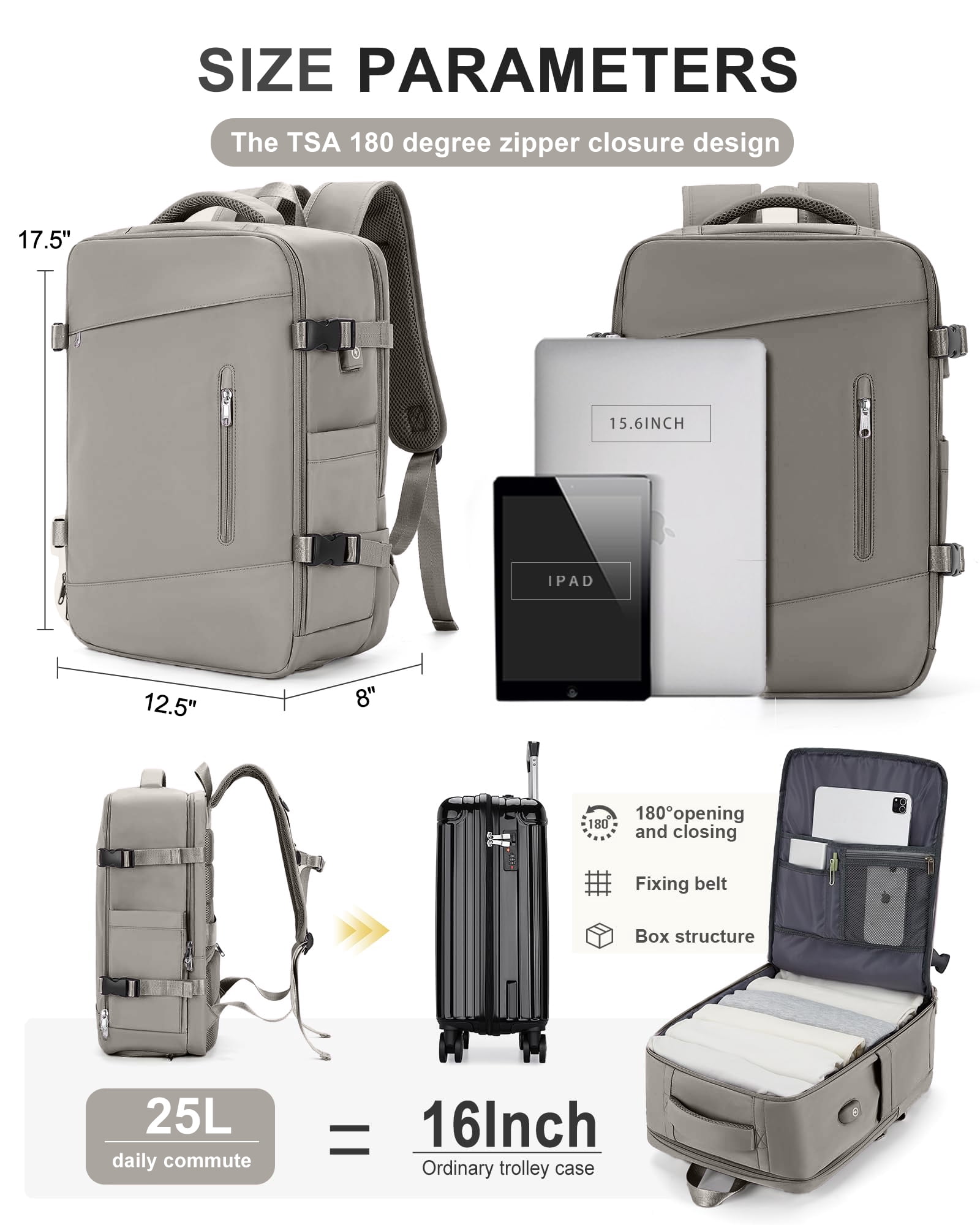 DAKIMOE Large Travel Backpack for Adults Carry on Laptop Backpack Flight Approved Waterproof College Bag with USB Charging Port & Shoe Pouch Casual Daypack for Women Men for Weekender Business, Gray