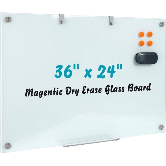 Wingwise Glass Magnetic Whiteboard, Dry Erase Board, 36" x 24", Wall Mounted White Board, Frameless Board for Office, Home, School
