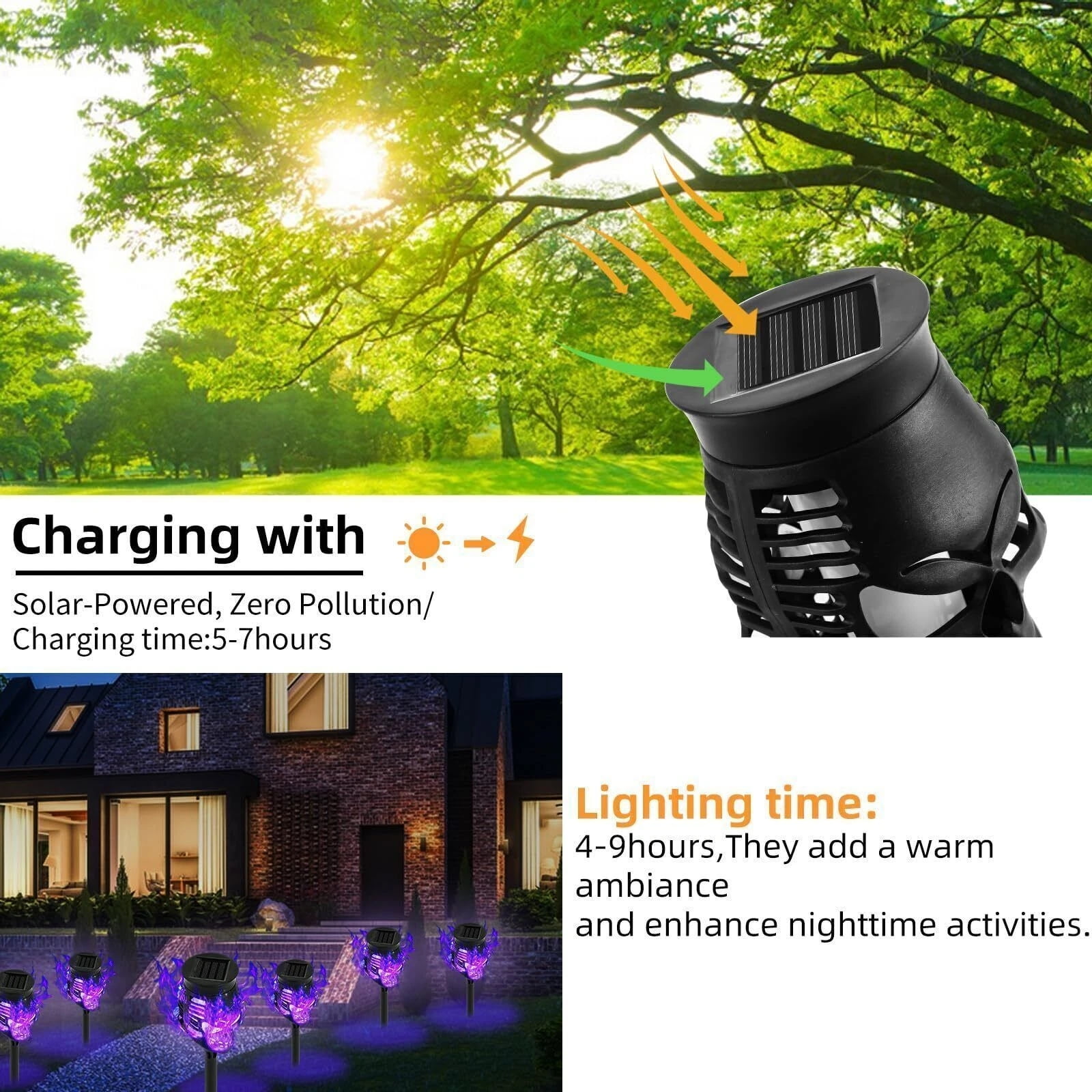 Halloween Solar Torch Lights, 4-Pack Flickering Flame Outdoor Lighting - Waterproof Pathway & Garden Decor, Purple Skull Design