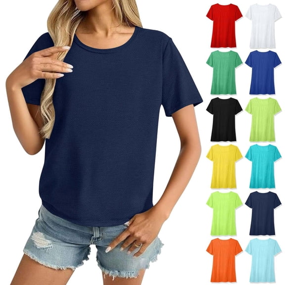 Womens Tops Round Neck Summer Navy Sports Quick Drying Breathable Solid Color Short Sleeve Fashion Outfits Clothes Loose Fit S