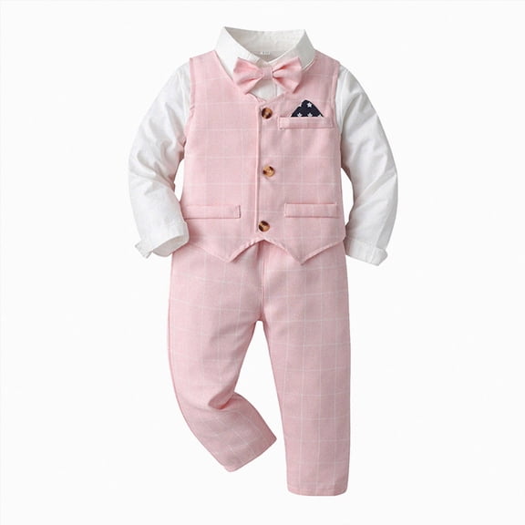 Kakishop Boys' 4Piece Formal Suit Set Dress Shirt Vest Pants and Tie Wedding Birthday Party Suit (Pink,2-3 Years)