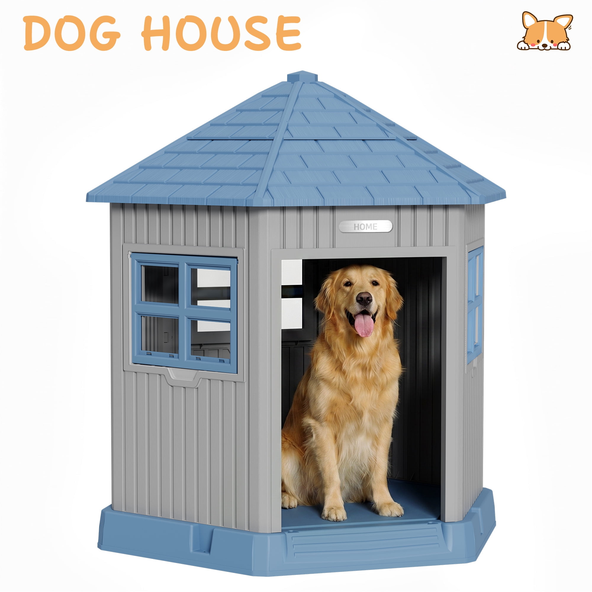 Nihsuao Durable Waterproof Dog House for Medium to Large Dogs, Indoor Outdoor Plastic Kennel with Elevated Floor & Air Vents, Easy Clean & Assemble, Blue, 33.5"L x 29.5"W x 37.4"H