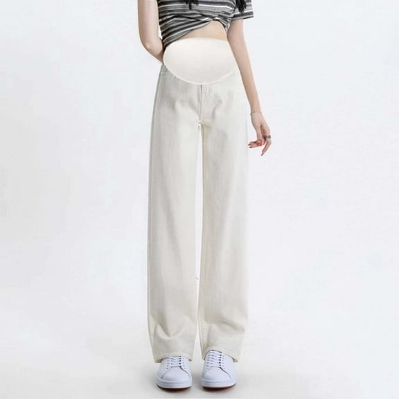 HWRETIE Maternity SweatpantsWomen's Maternity Jeans Wide Leg Pants Straight Leg Casual Denim Pants Belly Support Pregnancy Trousers Solid Color Fashion Long Pants White