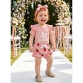 thumbnail image 5 of BemeyourBBs Newborn Baby Girls Summer Clothes Baby Girl Little Sister Mama's Girl Outfit Cute Letter Print Short Sleeve Ribbed Romper Elastic Strawberry Floral Ruffled Shorts Headband 3-Piece Set, 5 of 9