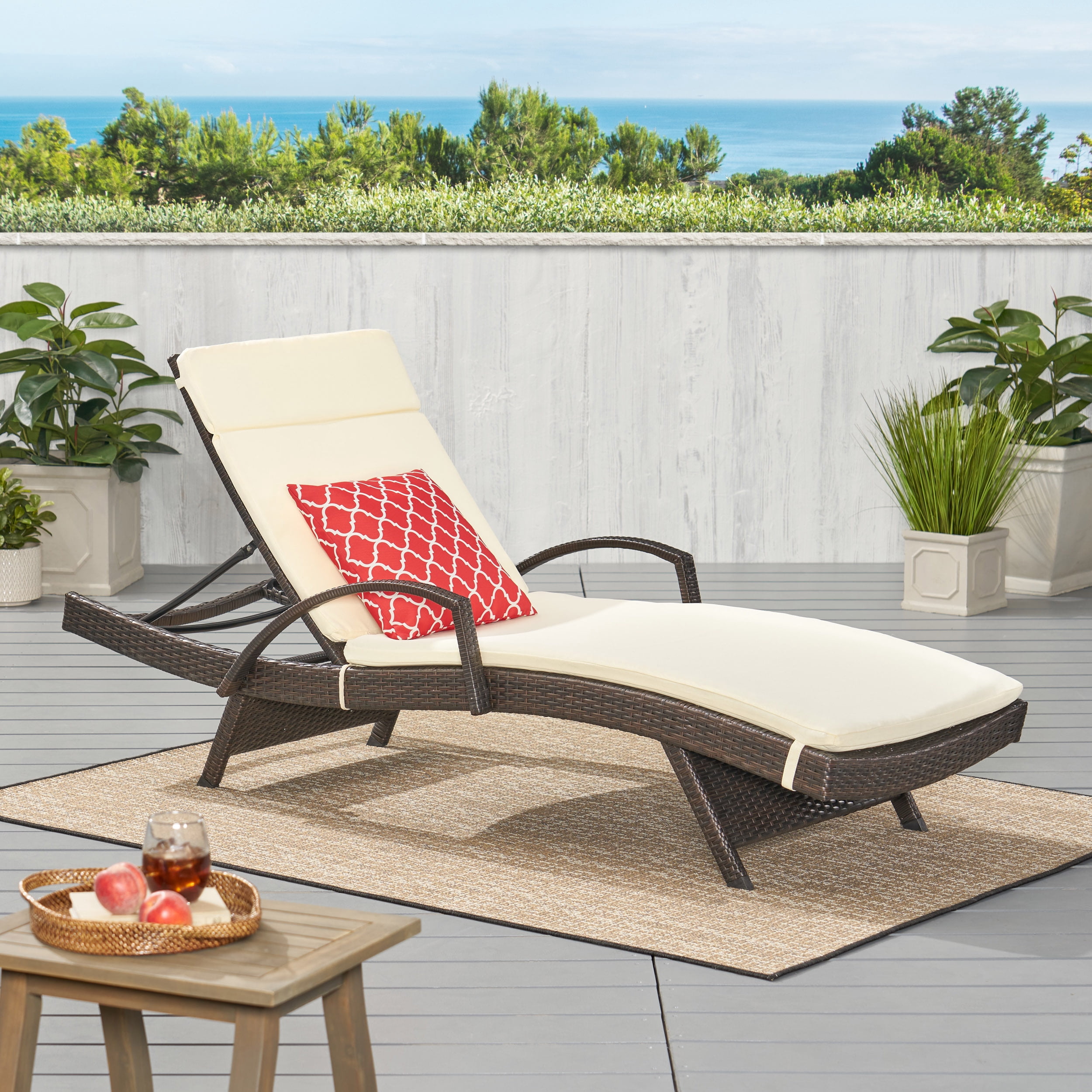 Brookside Outdoor Wicker Adjustable Chaise Lounge with Arms w/ IVORY Cushion