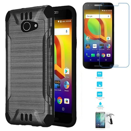 Phone Case For Total Wireless Alcatel ZIP, Consumer Cellular Alcatel Kora, Verizon Alcatel A30 Tempered Glass Screen with Brush Dual-Layered Cover (Combat Brush Black-Black TPU/ Tempered Glass