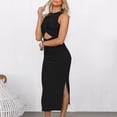 thumbnail image 4 of Vestidos de playa para mujer Vestido ajustado largo con cuello redondo fruncido con abertura (Negro L) FLhrweasw Para estrenar, 4 of 8