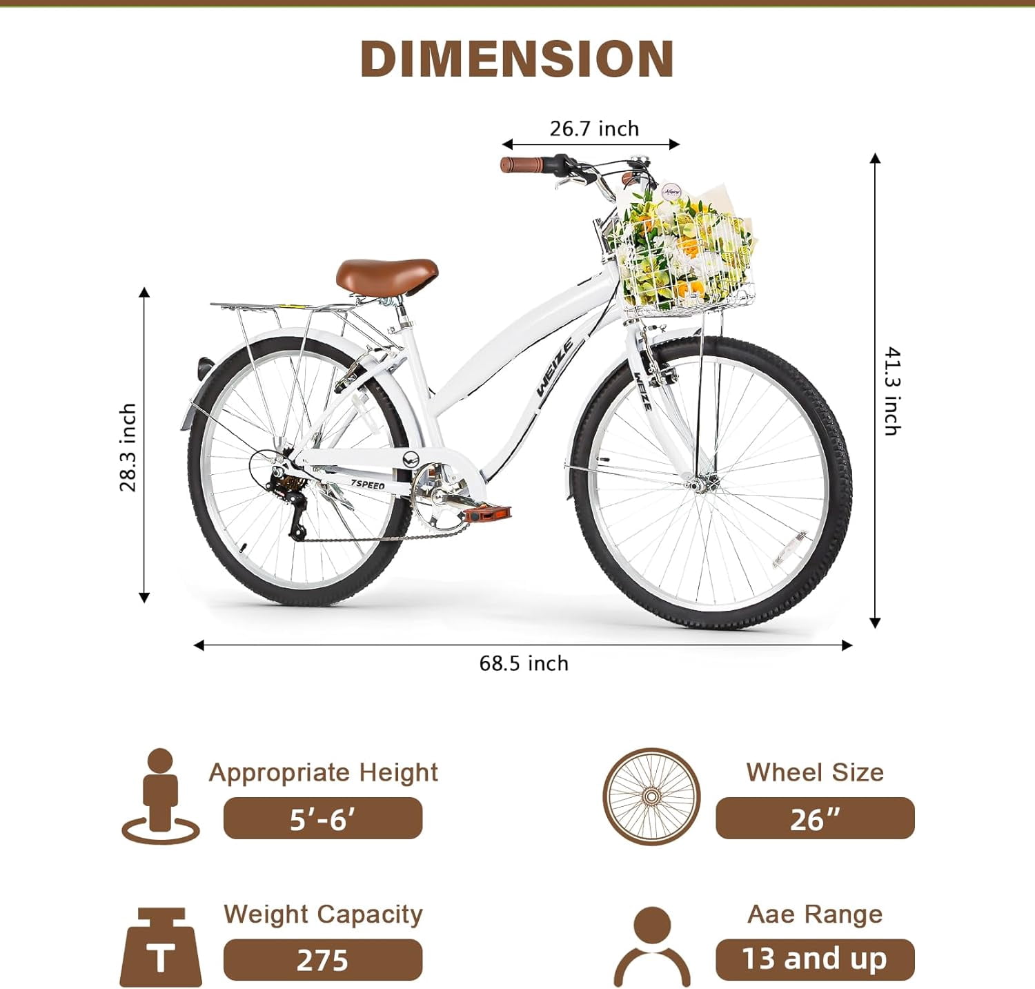 WEIZE Beach Cruiser Bike 26 inch Commuter Bicycle 7 Speed City Bike for Adult Men Women Off-Road Cycling Bicycle with Front Basket Rear Rack, White