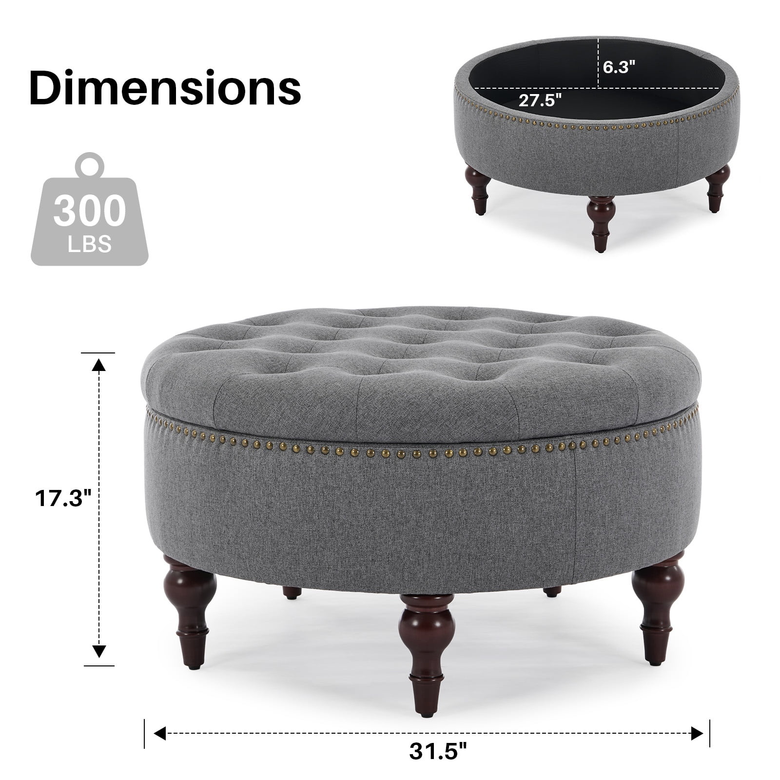 JURANYAZHU 31.5 Inch Oversized Storage Ottoman, Upholstered Storage Seat, with Reversible Lid, Multifunctional As a Coffee Table, Linen Fabric, for Living room,Bedroom,Dark Gray