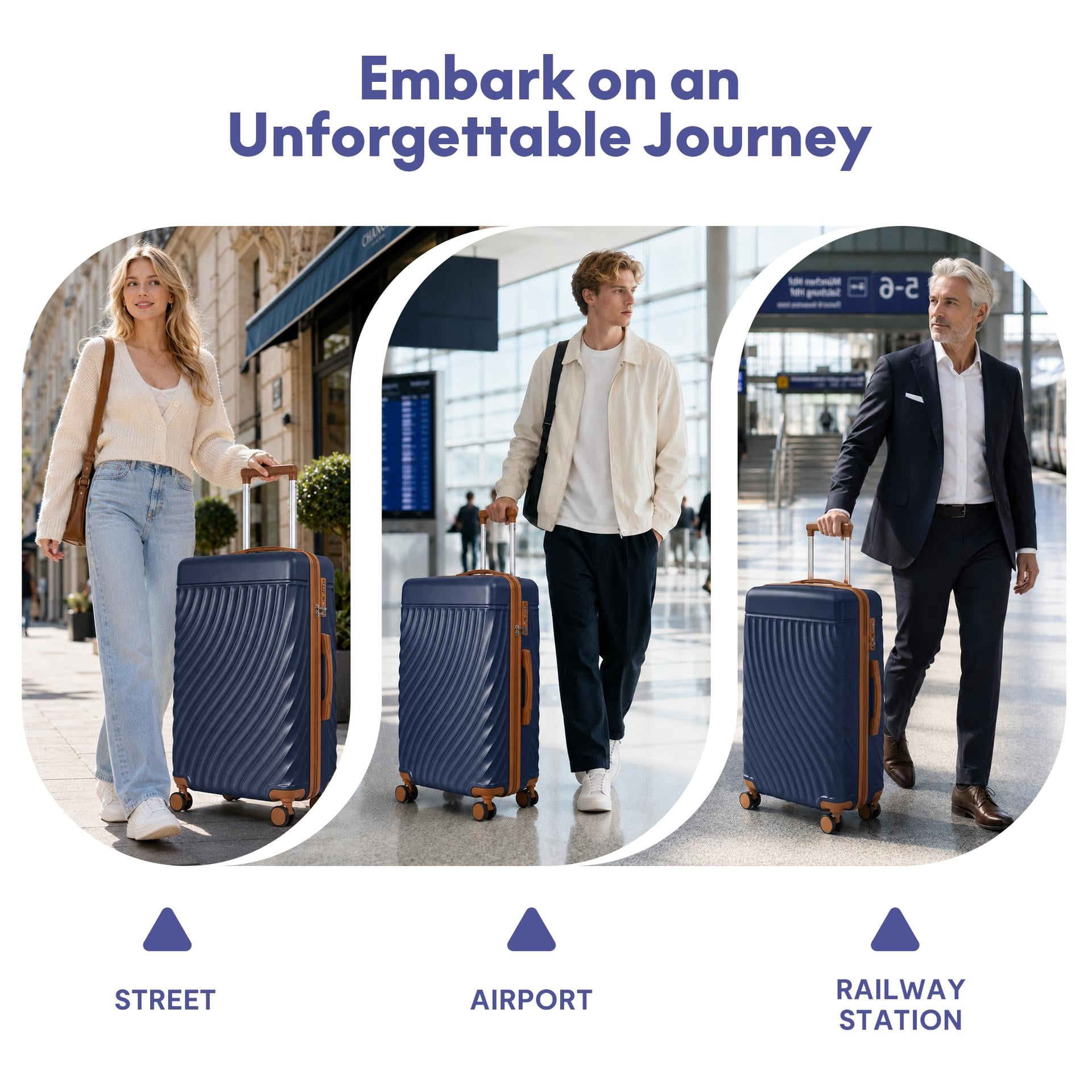 3-Piece ABS Hardshell Luggage Set, Lightweight Scratch-Resistant Suitcases with Silent Spinner Wheels & TSA Lock, Navy Blue