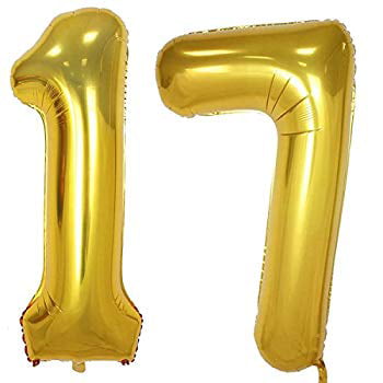 40inch Gold Foil 17 Helium Jumbo Digital Number Balloons, 17th Birthday Decoration for Girls or