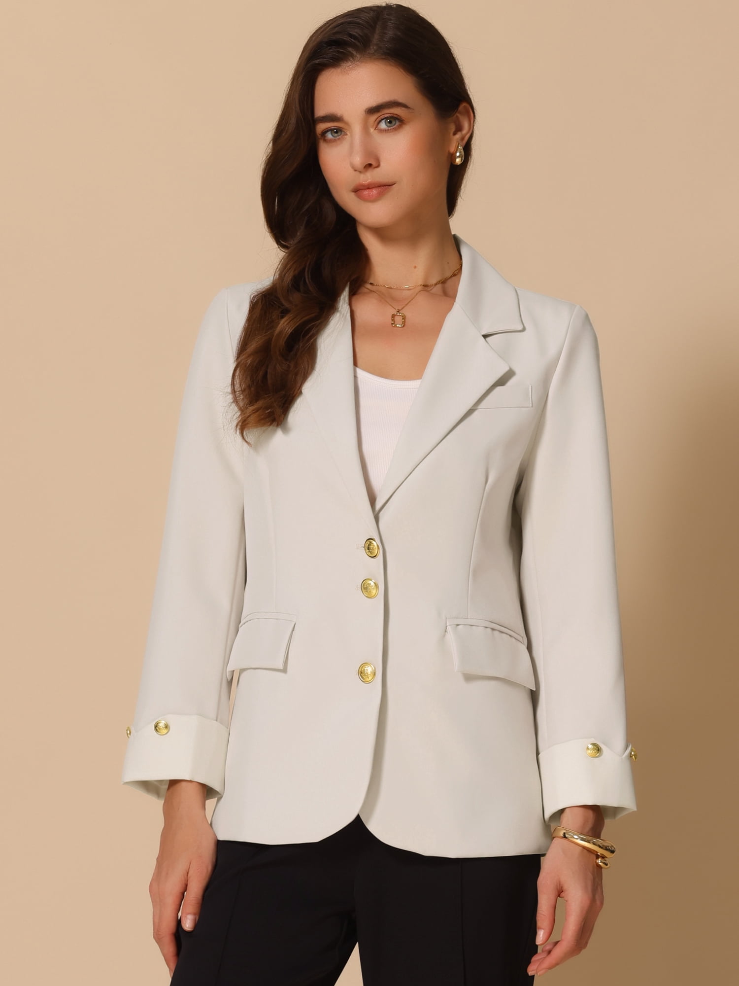 DARING DIVA Women's Notched Lapel Long Sleeve Jacket Suit Blazer L Cream White