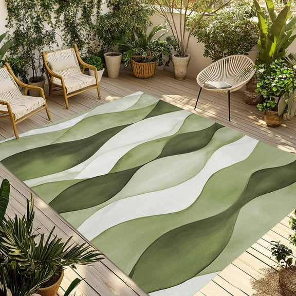 Fsddascl Sage Green Stripes Outdoor Rug for Patio/Deck/Porch, Non-Slip Large Area Rug 4 x 6 Ft, Retro Farmhouse Abstract Ripple Indoor Outdoor Rugs Washable Area Rugs, Reversible Camping Rug Carpet