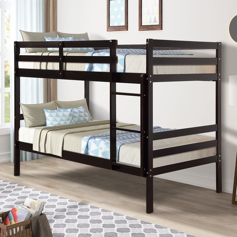 Costway Twin Over Twin Wood Bunk Bed with Ladder, Espresso photo 8