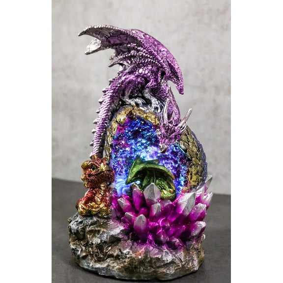 Purple Mother Dragon Guarding LED Faux Crystals Egg With Hatchlings Figurine