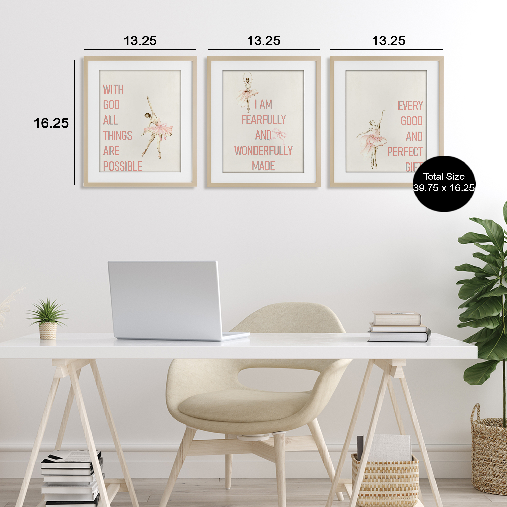 Faith Sentiments with Ballerinas 3 Piece Birch Framed Print Under Glass Set, design by Kim Allen