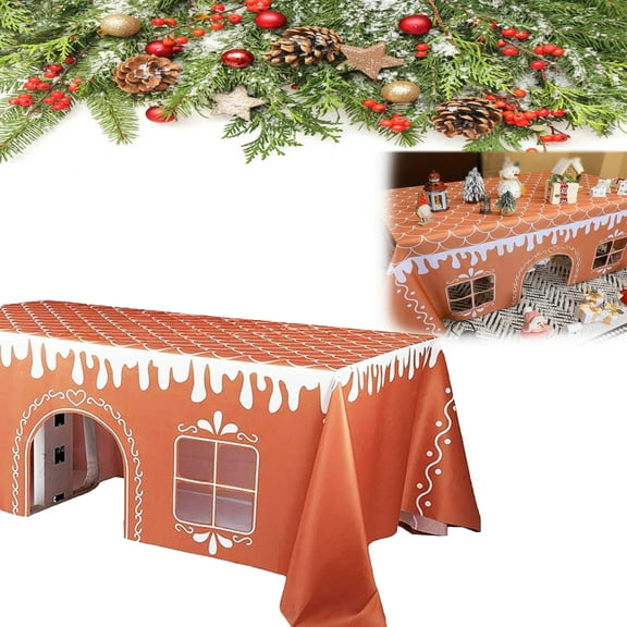 Gingerbread House Christmas Playhouse Large Tablecloth, Santa Gingerbread Decorations Table Cover Play House for Kids, Interactive Playhouse with Playful Cut-Out Windows,Dining & Party Decor
