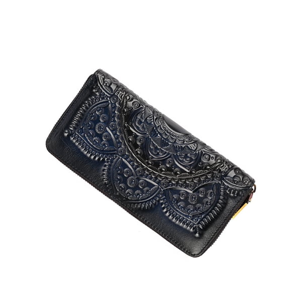 Sonducket Cartera de cuero genuino, monedero largo, bolsos de mano Vintage, monederos, bolsos hechos a mano con estampado en relieve, tarjetero Carteras Azul Sonducket AP019409-01