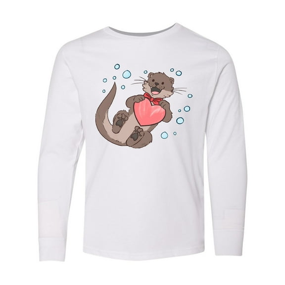 Inktastic Cute Smiling Valentine's Day Otter with Heart Long Sleeve Youth T-Shirt