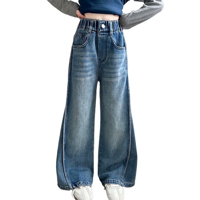 Pantalones vaqueros largos para niñas, pantalones vaqueros de color liso, pantalones largos, pantalones holgados para niños, pantalones de pierna recta, pantalones de pierna ancha, pantalones casuales