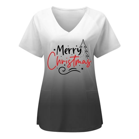 

Christmas Shirts for Women Scrub Tops Loose-Fit Workwear Short Sleeve V-Neck Graphic Tees Casual Blouses Cute Tops with Pockets