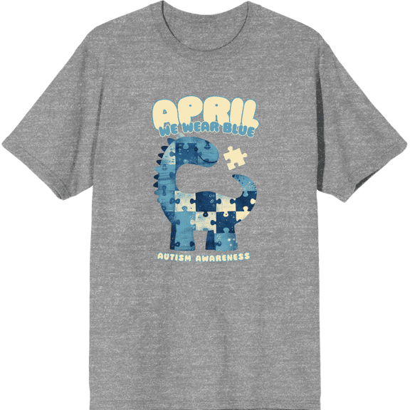 Autism Awareness Blue Dino Puzzle Icon Adult Heather Gray Crew Neck Short Sleeve Tee-XL