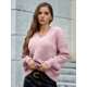 thumbnail image 4 of Suéter de Larga con Cuello en V para Mujer, Suéter Holgado de Punto Grueso de Gran Tamaño. Rosa L, 4 of 8