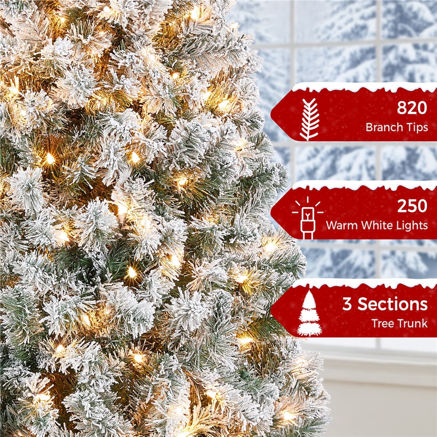 Alden Design 6FT Pre-lit Flocked Artificial Christmas Tree with Warm Lights and Foldable Stand,Green&White