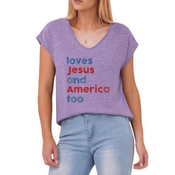 Giffimy Women's Patriotic Christian "Loves Jesus and America Too" V-Neck Sleeveless T-Shirt S-5XL Soft Casual Tank Top