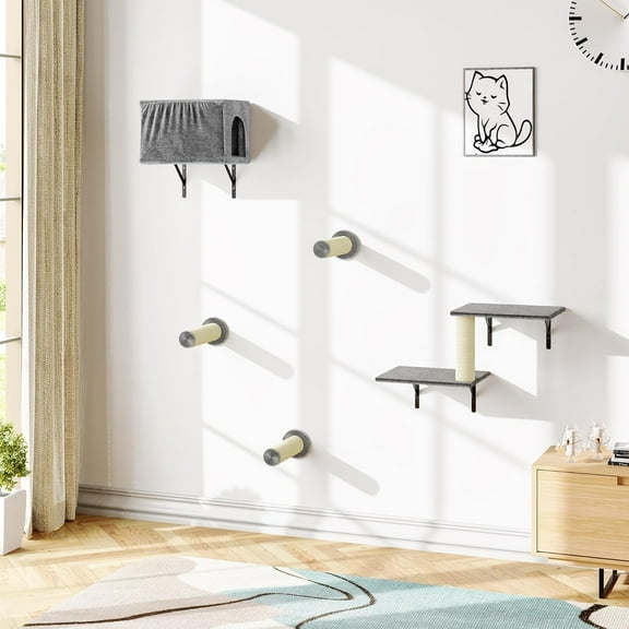 SONGMY 5-in-1 Wall-Mounted Cat Climber Set, Cats Wall Shelve, Wall-Mounted Cat Climbing Shelves, with House, Bridge, Steps, Scratcher, Hammock, Shelves (D-KM063)