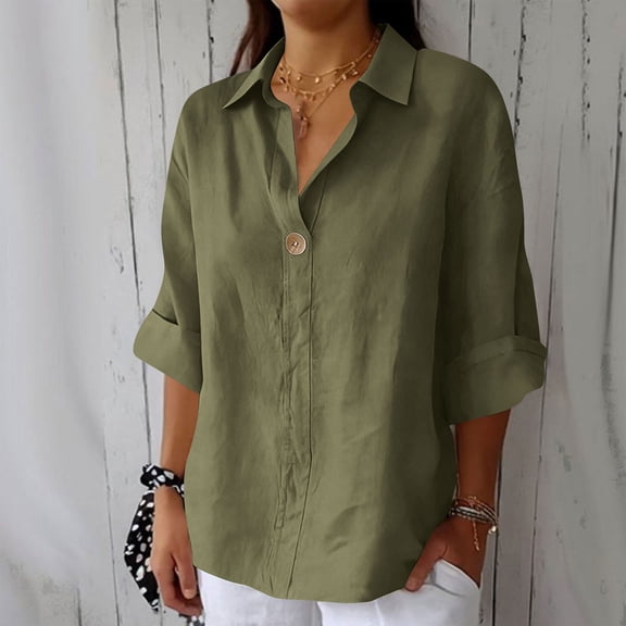 Blouse for Women Three-quarter Sleeve V Neck Leisure Solid Blouse Army Green XXXL