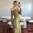 thumbnail image 6 of Women'S Mesh Off Shoulder Dress Elegant Sheer See Through Long Sleeve Ruched Bodycon Maxi Dresses Green S, 6 of 9