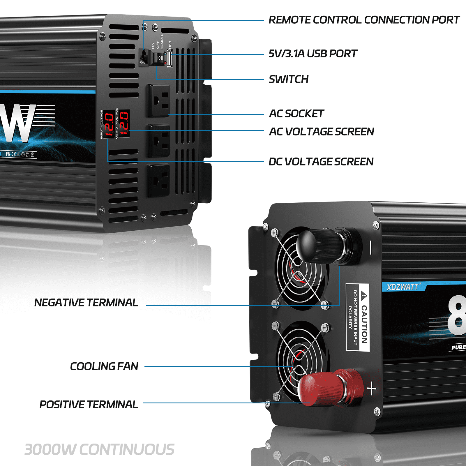 XDZWATT 12V 3000W Continuous 8000W Surge Power Inverter LCD Display for Car