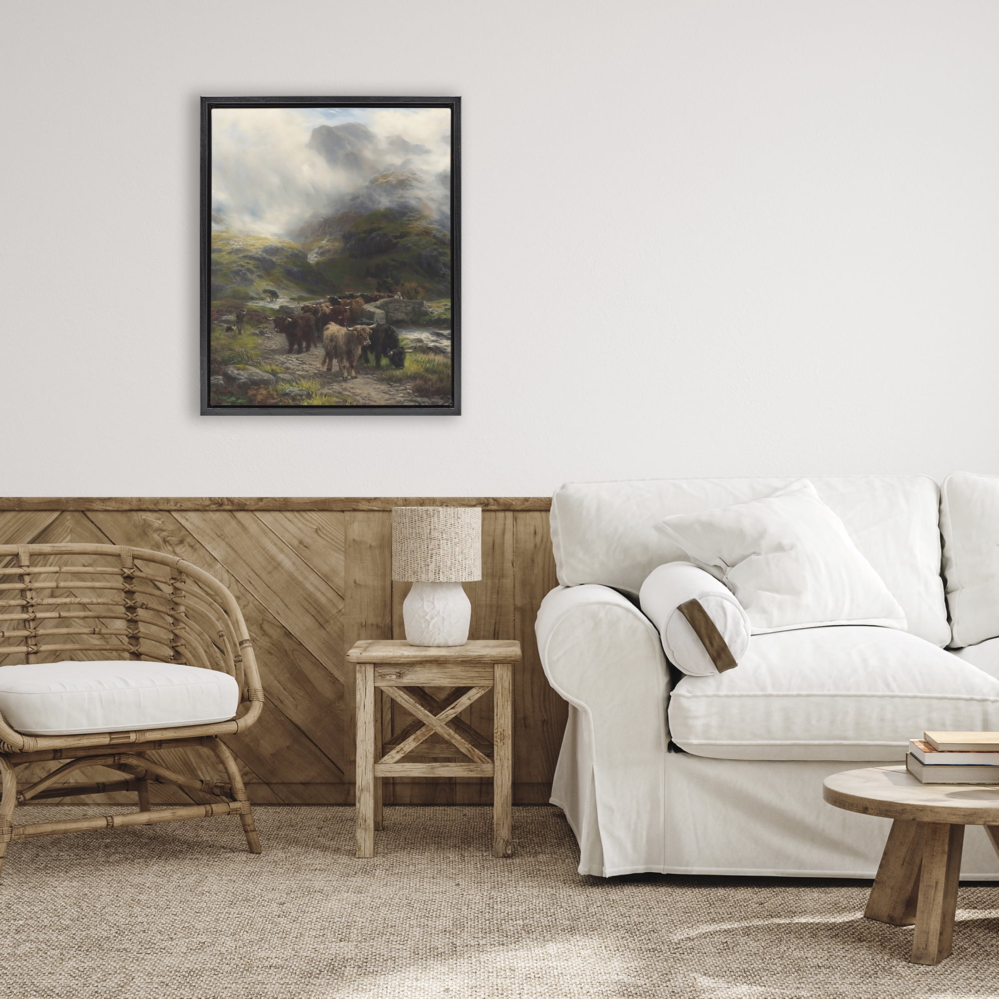 Stupell Industries Moody Highland Cows Herd Black Framed Floater Canvas Wall Art, design by Arlington Prints