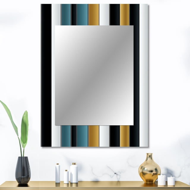 Designart "Classic Pinstripes In Green And Gold" Abstract Wall Mirror, Printed Green Wall Mirror, Modern Bathroom Wall Mirror, Decorative Abstract Mirror - 30x40 Inch
