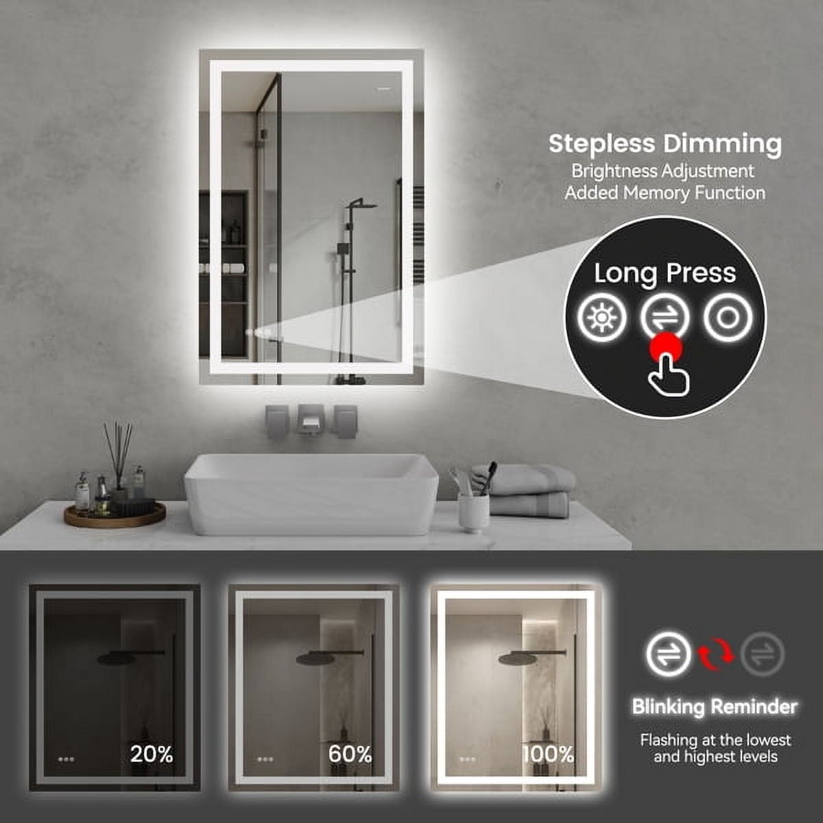 24"x36" LED Bathroom Mirror - Front/Back Lit Vanity Mirror with 3 Color Temp, Anti-Fog & Dimmable Memory Function for Modern Bathrooms