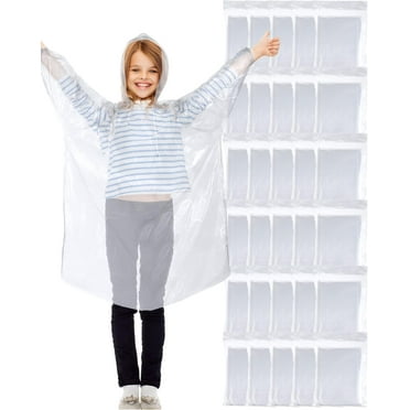 YUXNET 30 Pcs Kid Rain Ponchos Bulk Disposable Ponchos for Kid Emergency Raincoat with Drawstring Hood and Elastic Sleeves Clear