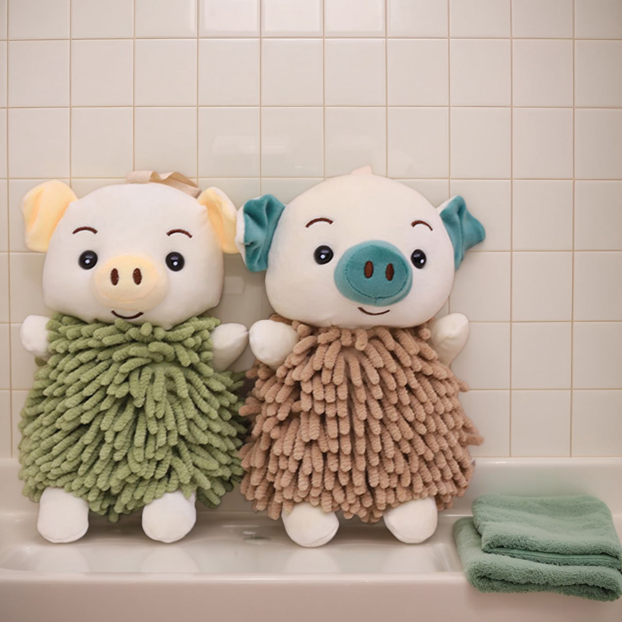 NOMADIC NOOK Cute Cartoon Piggy Chenille Plush Ball Hand Towels, 2 PC Soft Absorbent Hanging Hand Towel for Bathroom Kitchen 7" x 11" Brown