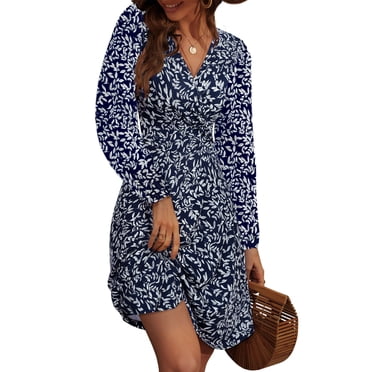UVN Fall Dresses for Women Long Sleeve V Neck A-Line Midi Dress Boho Beach Floral Print Sundress