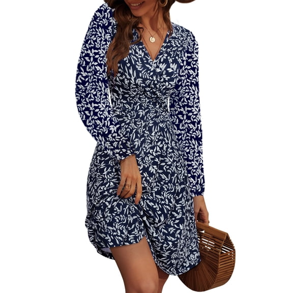 UVN Fall Dresses for Women Long Sleeve V Neck A-Line Midi Dress Boho Beach Floral Print Sundress
