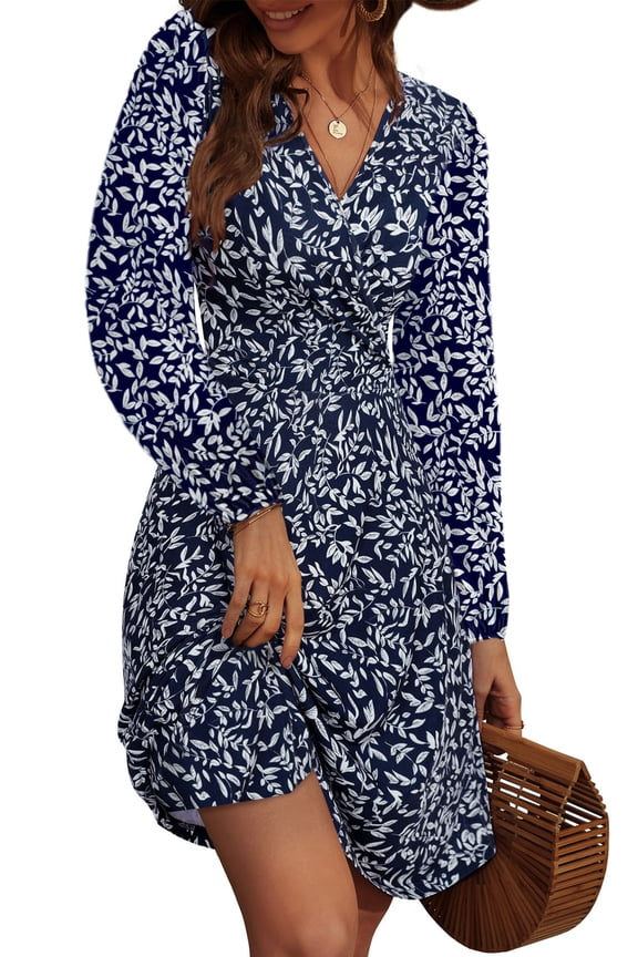 Fall Dresses for Women Long Sleeve V Neck A-Line Midi Dress Boho Beach Floral Print Sundress